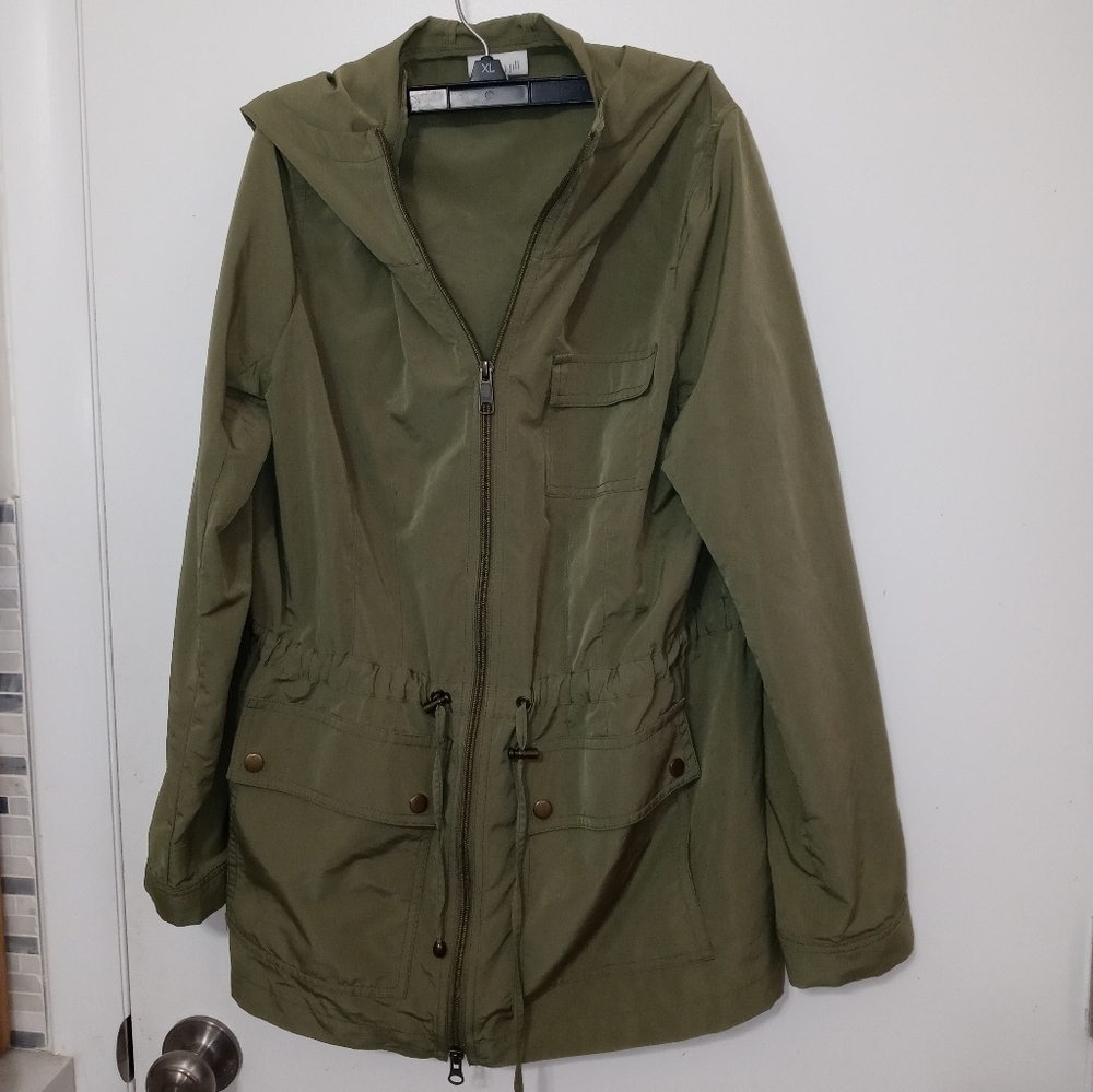 J. Jill Safari Green Full Zip Hooded Windbreaker Jacket W Pockets Cinch Waist XS
